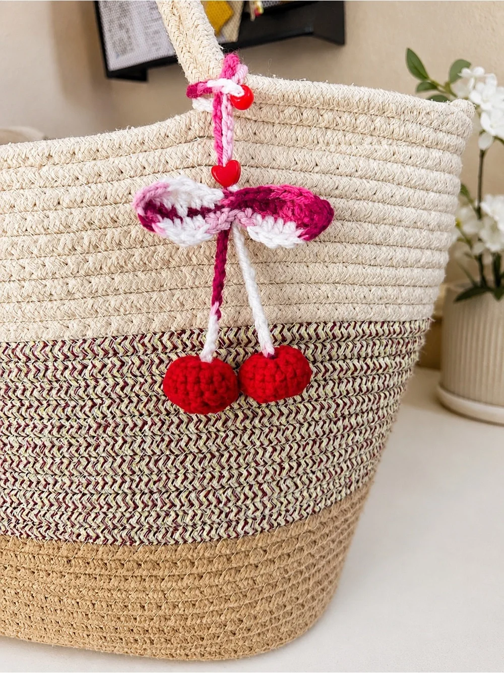 Berry Camo Crochet Cherry Bag Charm - Pink, Red & White